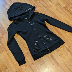 Restyle Black Zip-Up Hoodie with Metal Ring Details